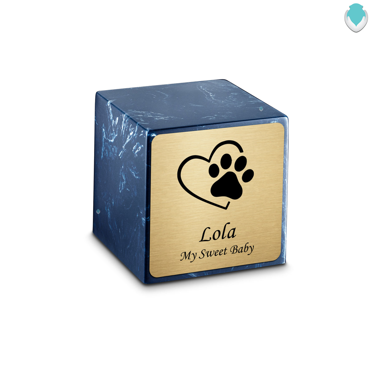 Small Cube Single Heart Paw Navy Cultured Marble Pet Cremation Urn by MacKenzie