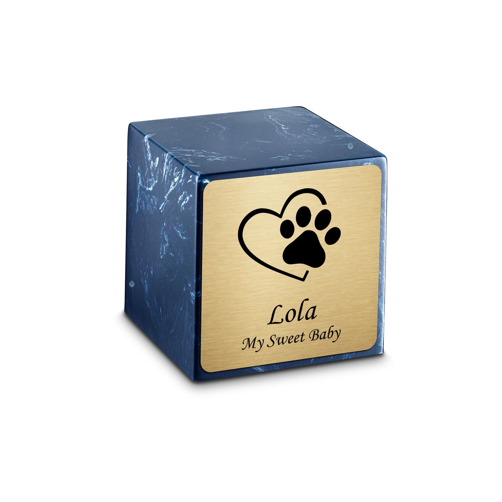 Small Cube Single Heart Paw Navy Cultured Marble Pet Cremation Urn by MacKenzie
