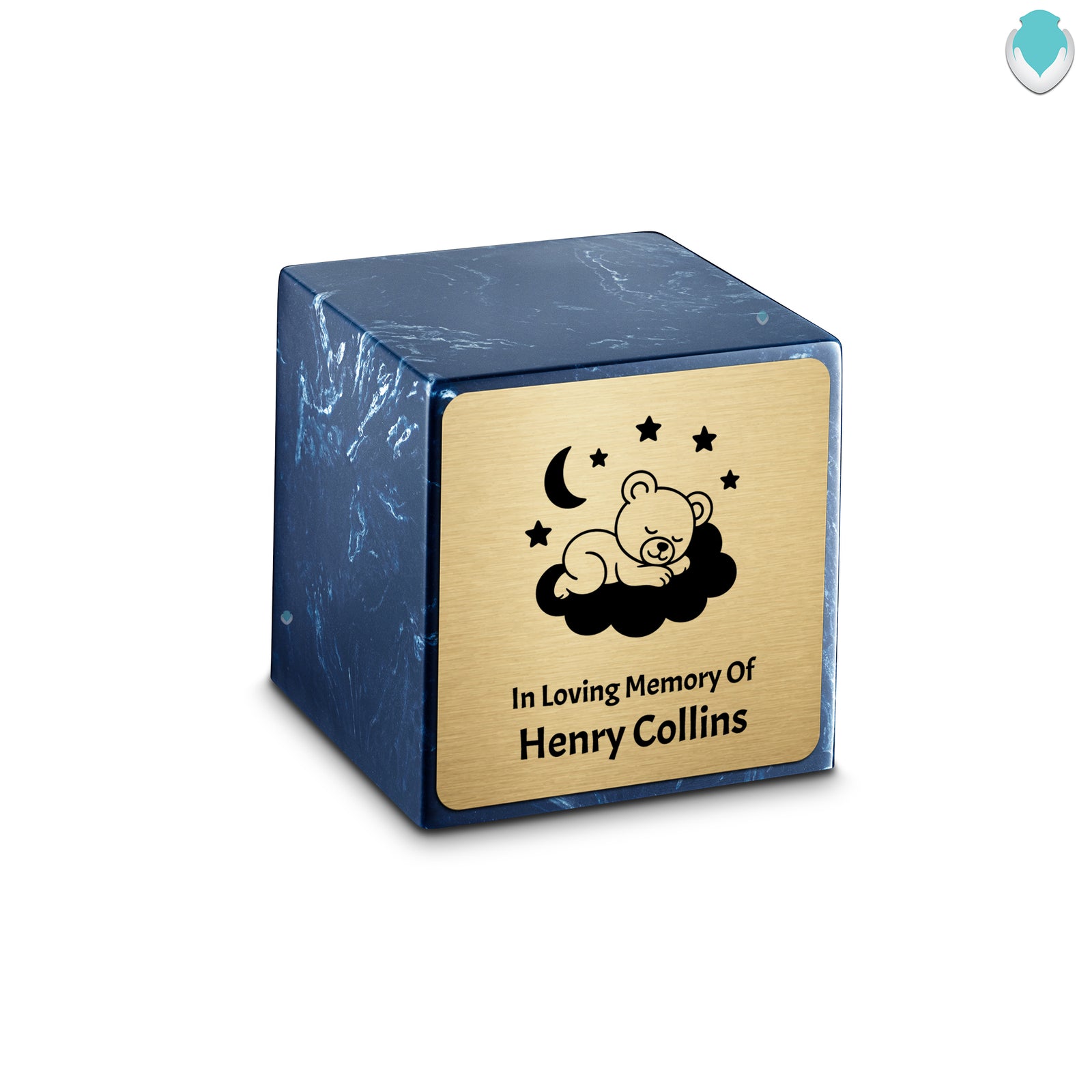 Small Cube Sleeping Teddy Navy Cultured Marble Child Cremation Urn by MacKenzie