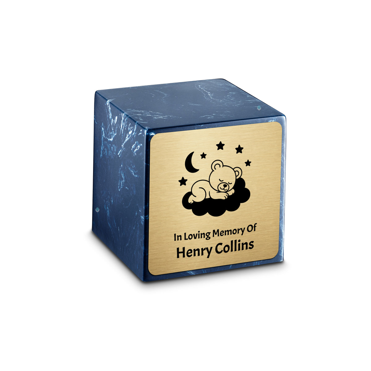 Small Cube Sleeping Teddy Navy Cultured Marble Child Cremation Urn by MacKenzie