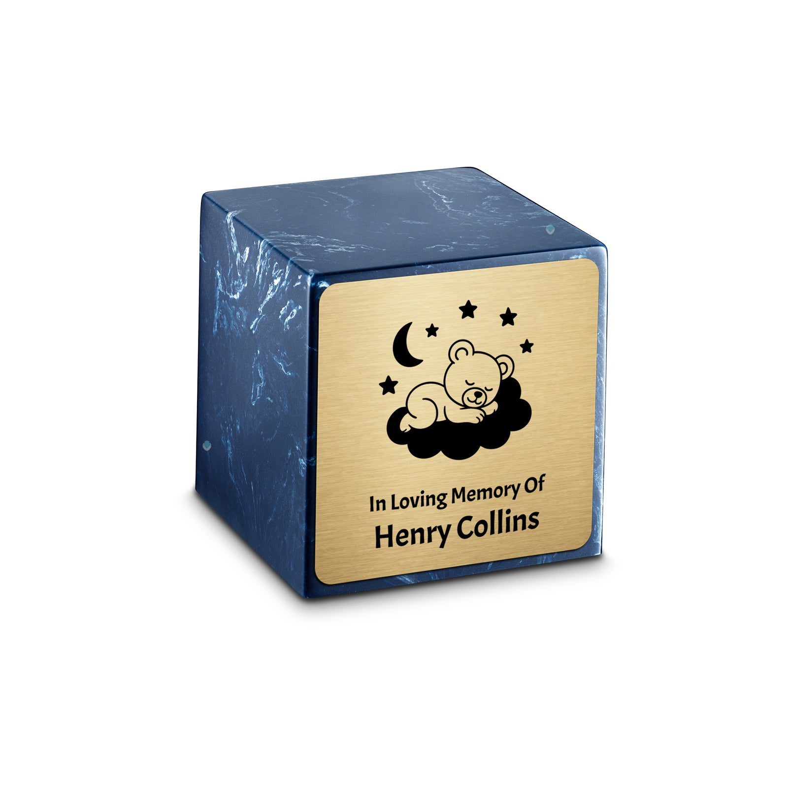 Small Cube Sleeping Teddy Navy Cultured Marble Child Cremation Urn by MacKenzie
