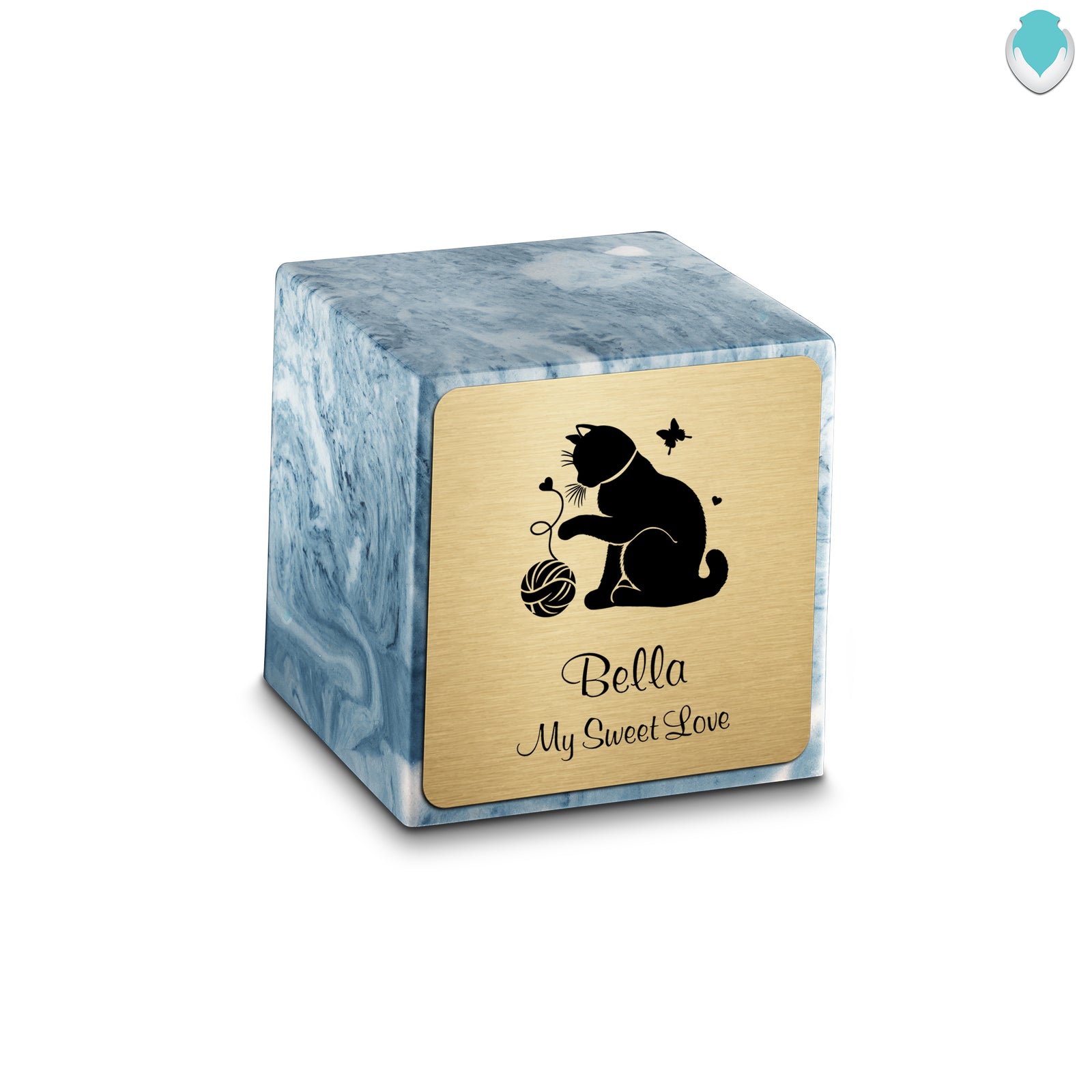 Small Cube Fun Cat Sky Blue Cultured Marble Pet Cremation Urn by MacKenzie