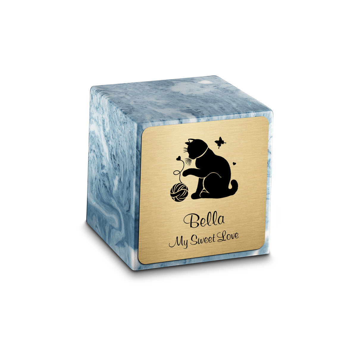 Small Cube Fun Cat Sky Blue Cultured Marble Pet Cremation Urn by MacKenzie