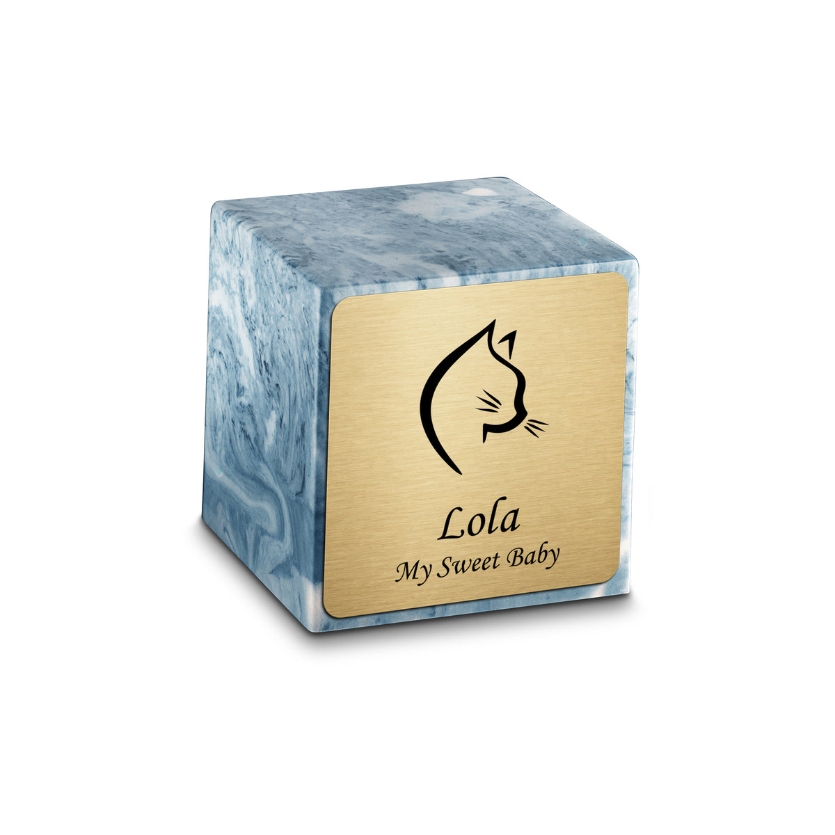 Small Cube Cat Head Sky Blue Cultured Marble Pet Cremation Urn by MacKenzie