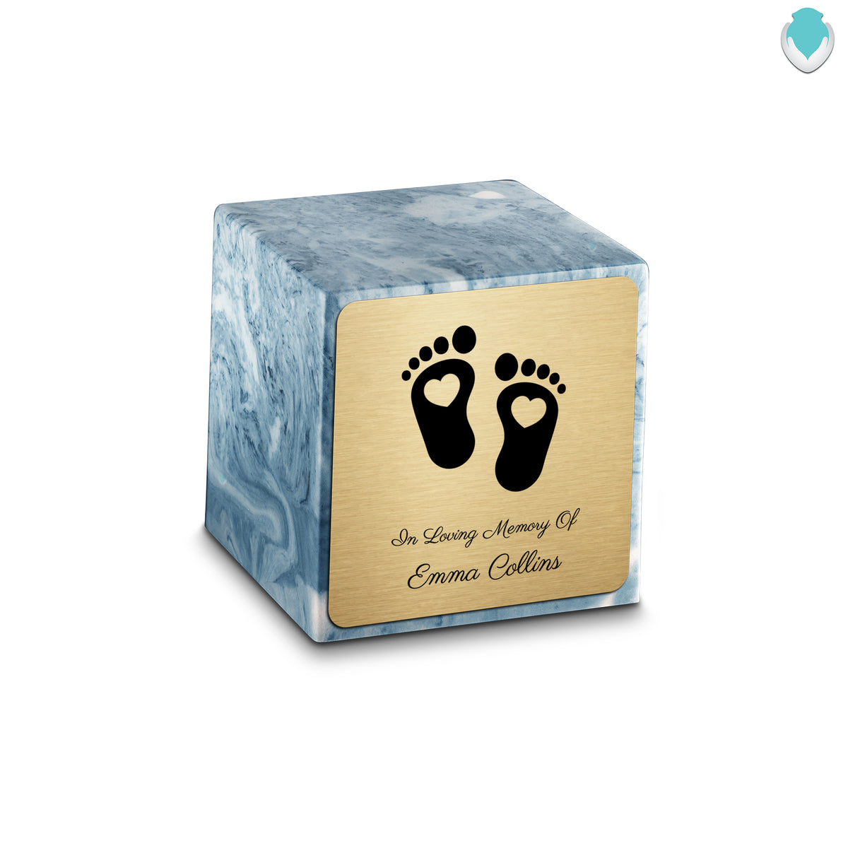 Small Cube Loving Heart Feet Sky Blue Cultured Marble Child Cremation Urn by MacKenzie