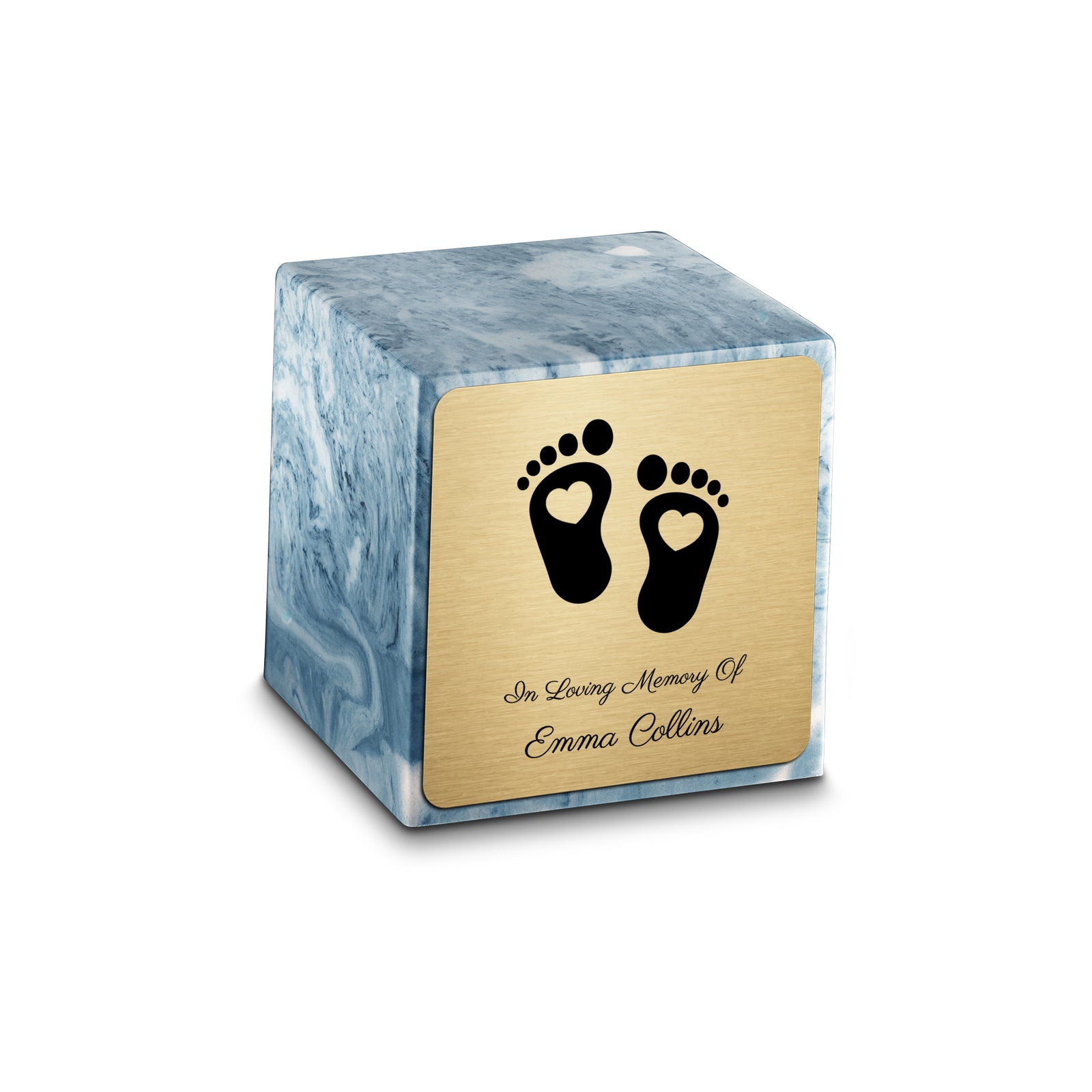 Small Cube Loving Heart Feet Sky Blue Cultured Marble Child Cremation Urn by MacKenzie