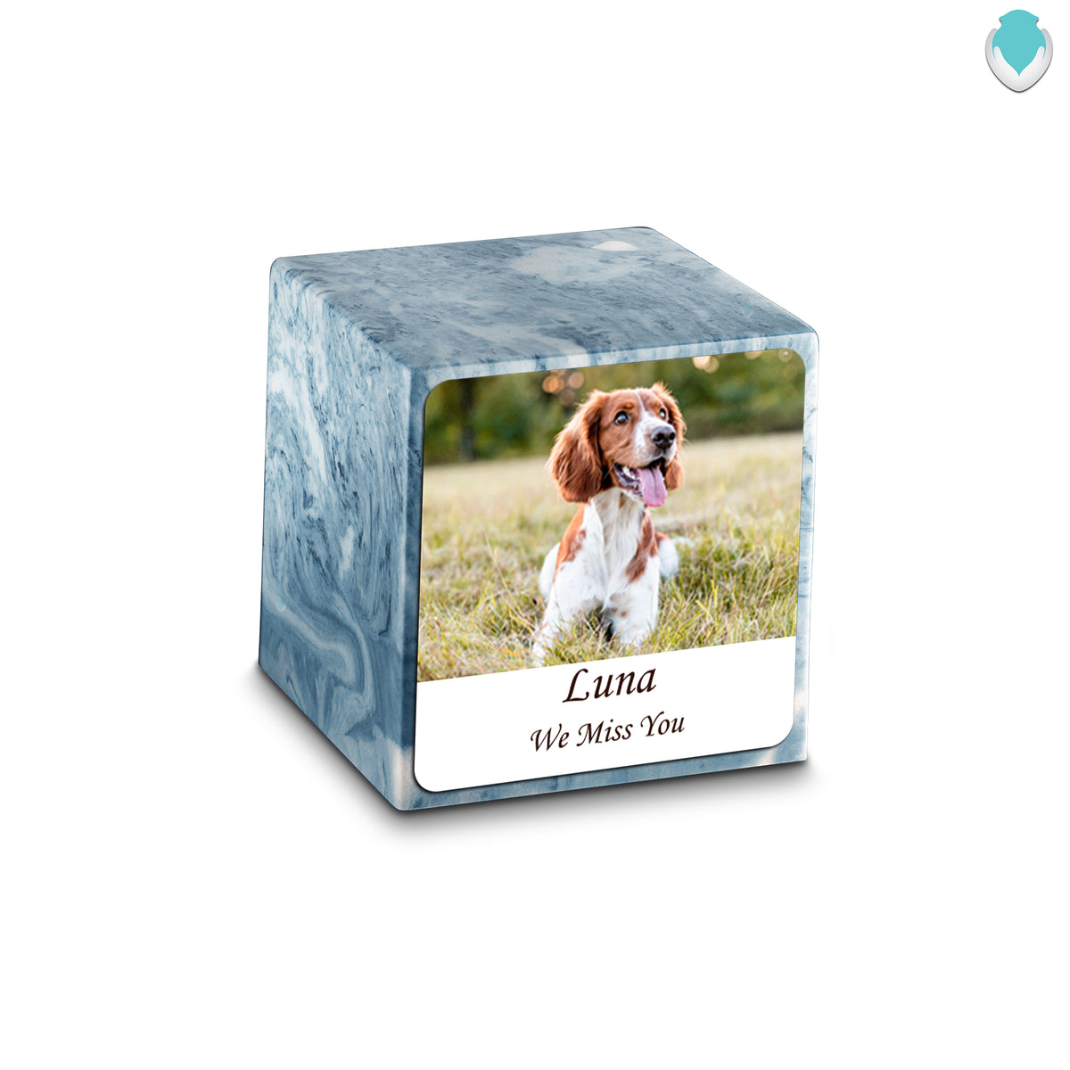 Small Cube Custom Pet Photo Sky Blue Cultured Marble Pet Cremation Urn by MacKenzie