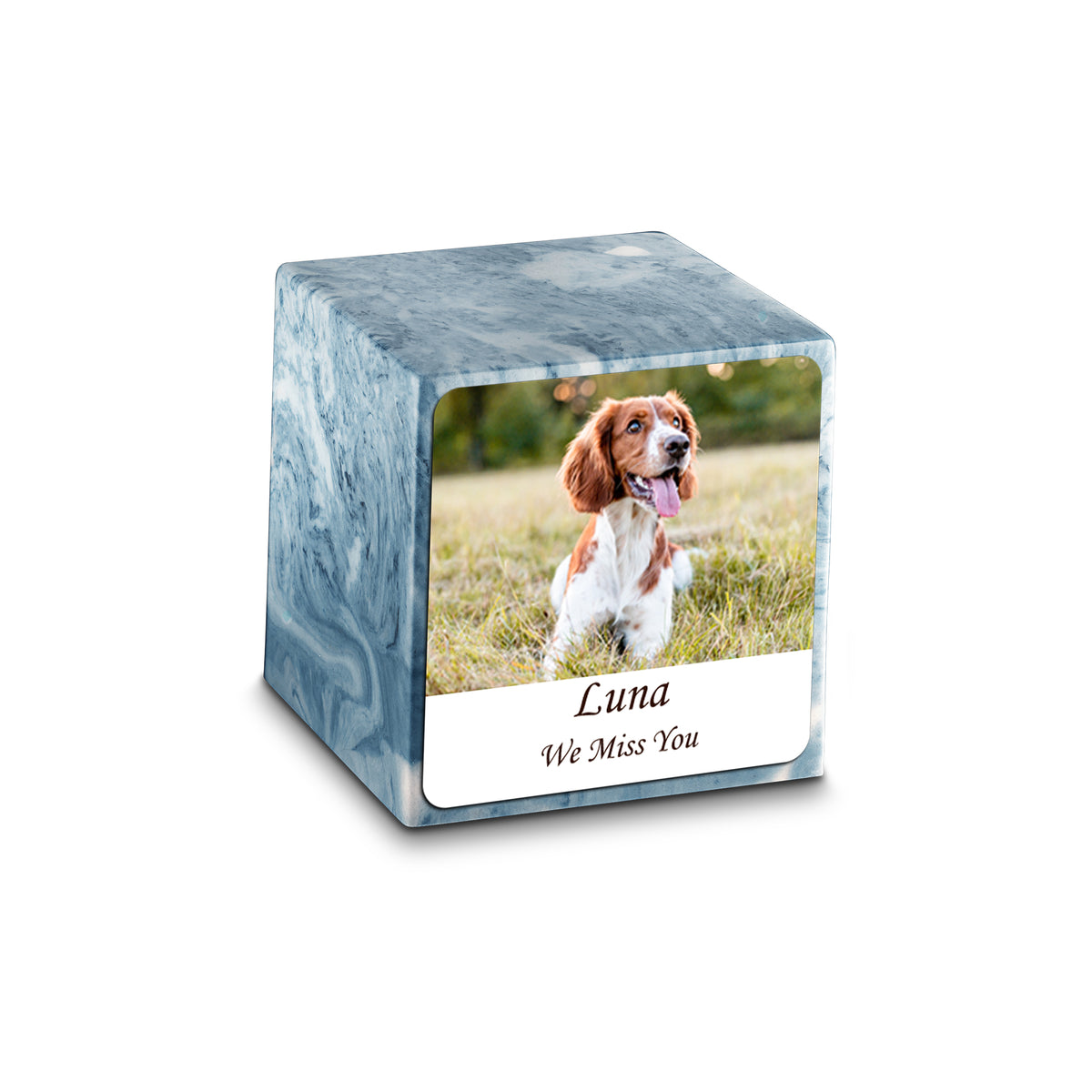 Small Cube Custom Pet Photo Sky Blue Cultured Marble Pet Cremation Urn by MacKenzie
