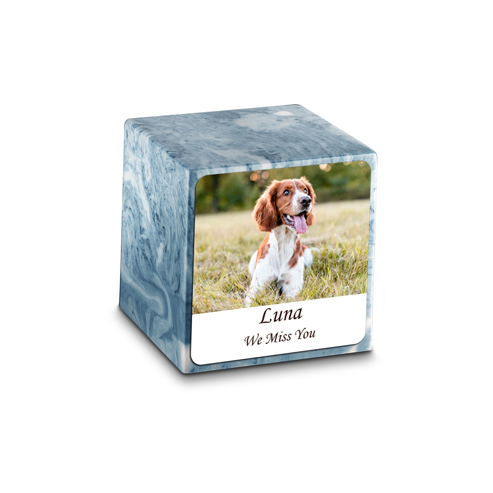 Small Cube Custom Pet Photo Sky Blue Cultured Marble Pet Cremation Urn by MacKenzie