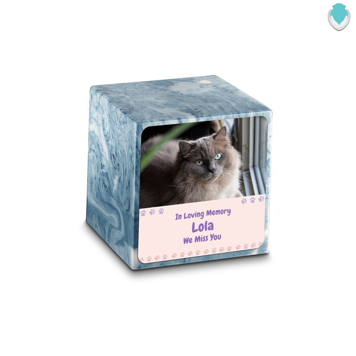 Small Cube Pet Photo Memorial Sky Blue Cultured Marble Pet Cremation Urn by MacKenzie