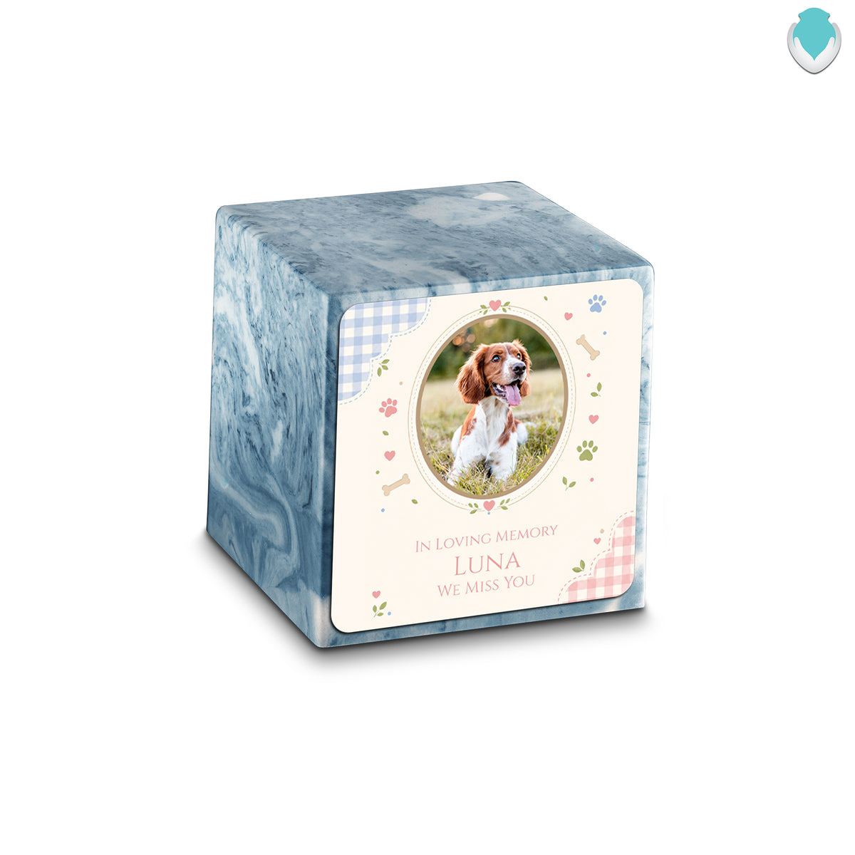 Small Cube Custom Pet Memorial Sky Blue Cultured Marble Pet Cremation Urn by MacKenzie