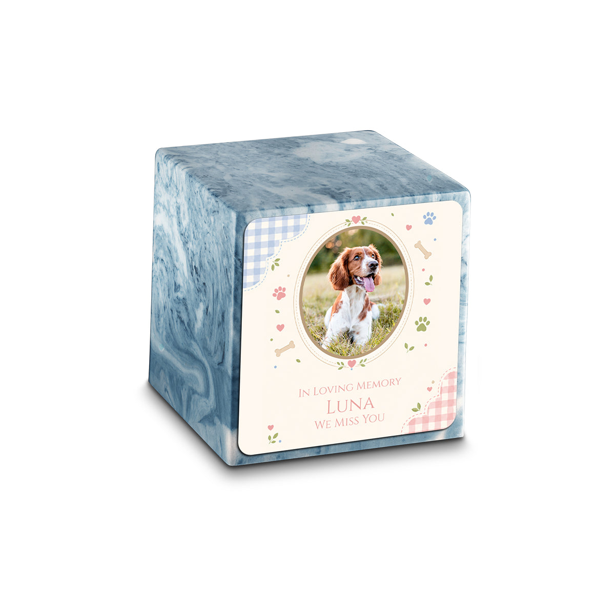 Small Cube Custom Pet Memorial Sky Blue Cultured Marble Pet Cremation Urn by MacKenzie