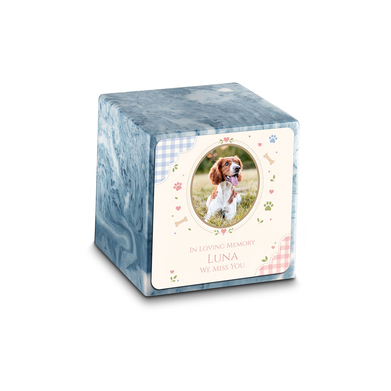 Small Cube Custom Pet Memorial Sky Blue Cultured Marble Pet Cremation Urn by MacKenzie