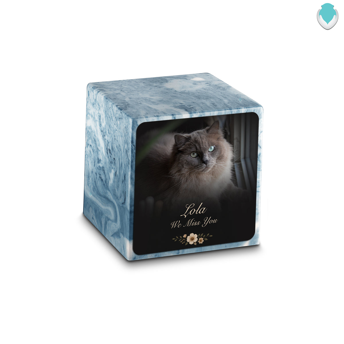 Small Cube Pet Portrait Photo Sky Blue Cultured Marble Pet Cremation Urn by MacKenzie