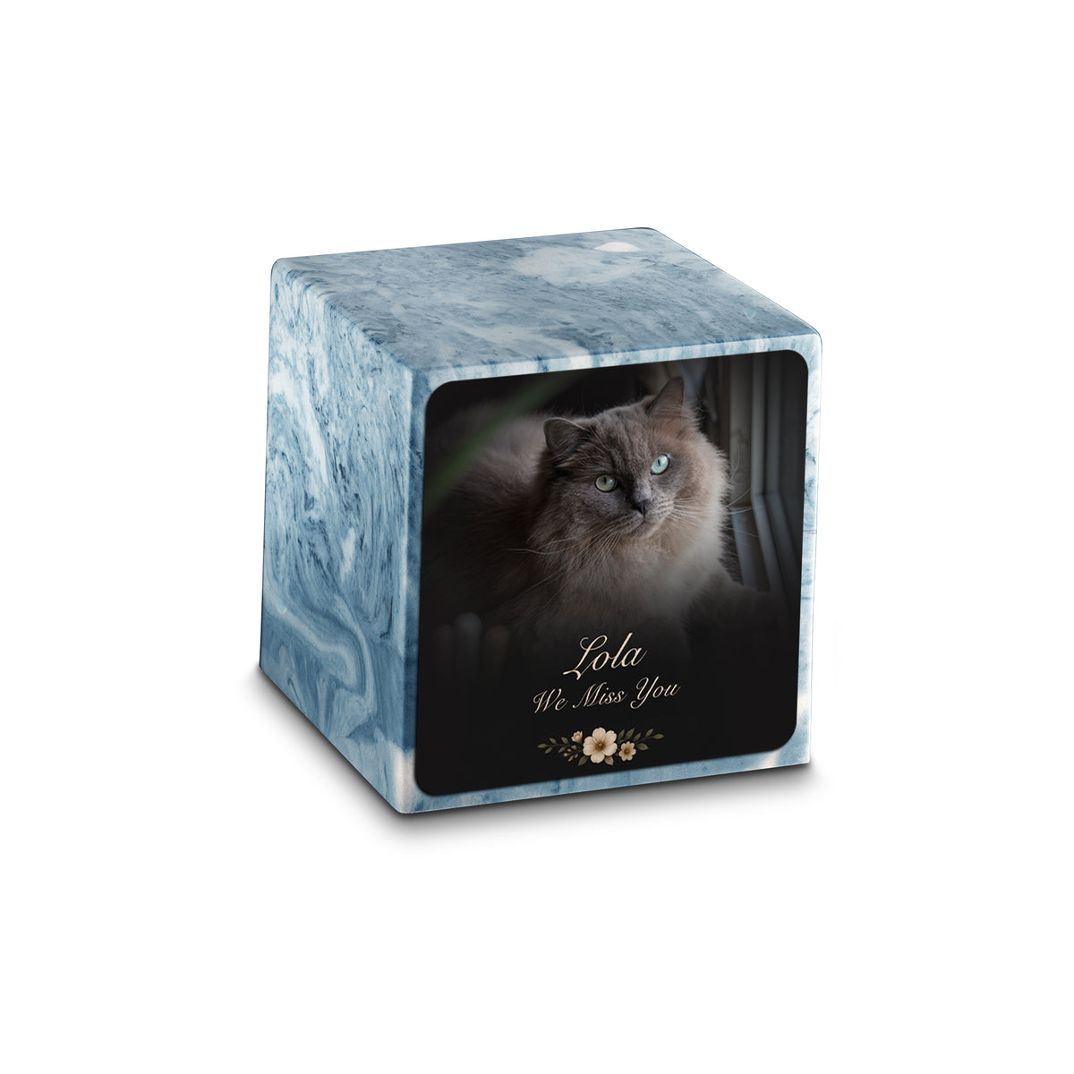 Small Cube Pet Portrait Photo Sky Blue Cultured Marble Pet Cremation Urn by MacKenzie