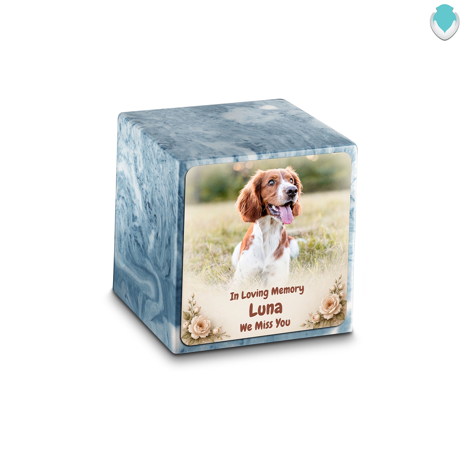 Small Cube Personalized Pet Photo Sky Blue Cultured Marble Pet Cremation Urn by MacKenzie