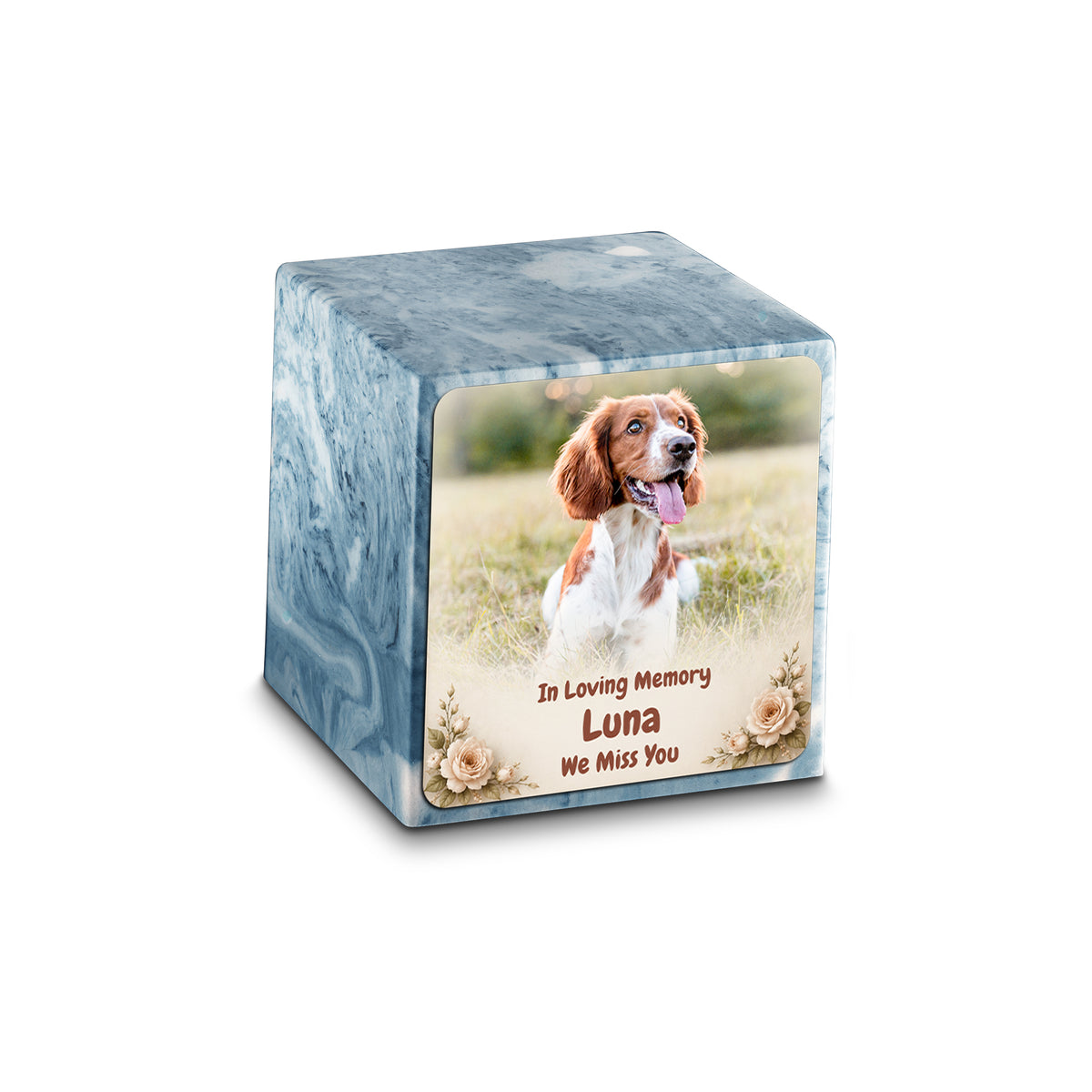 Small Cube Personalized Pet Photo Sky Blue Cultured Marble Pet Cremation Urn by MacKenzie
