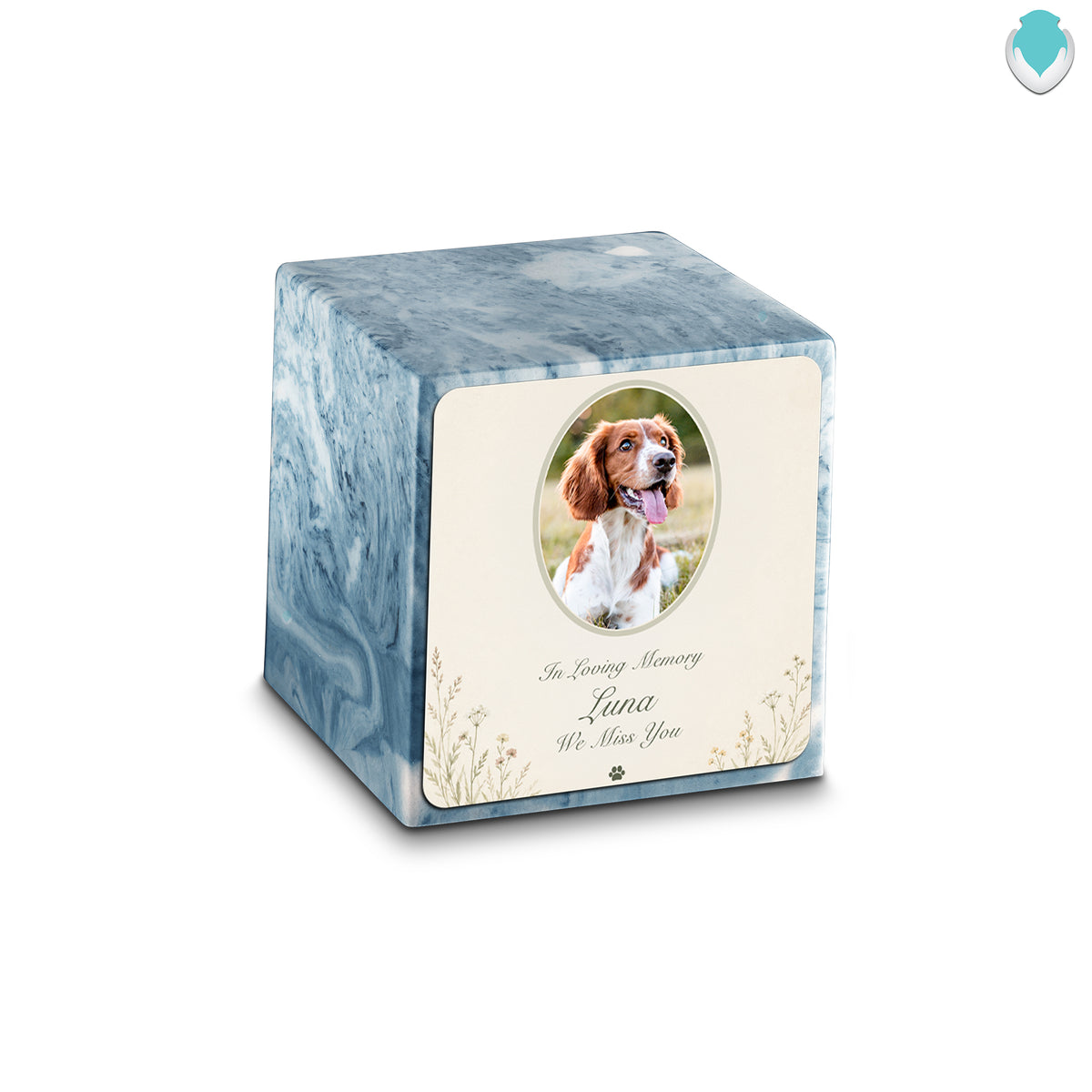 Small Cube Pet Portrait Tribute Sky Blue Cultured Marble Pet Cremation Urn by MacKenzie