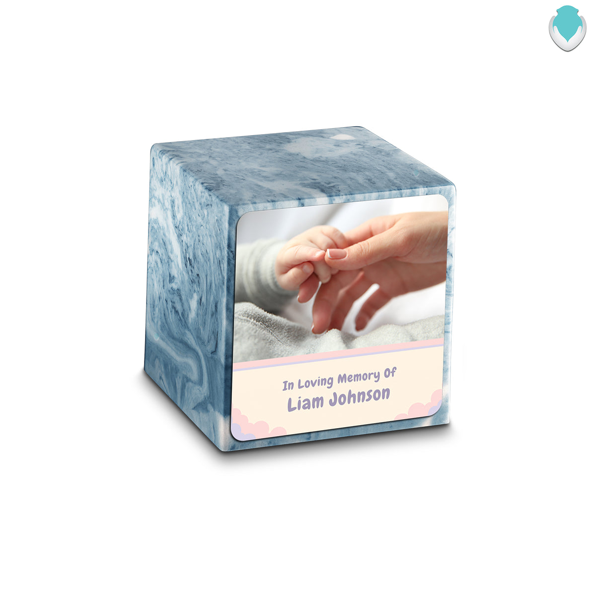 Small Cube Classic Photo Sky Blue Cultured Marble Child Cremation Urn by MacKenzie