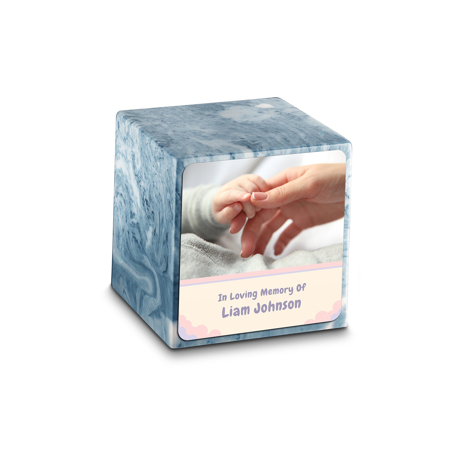 Small Cube Classic Photo Sky Blue Cultured Marble Child Cremation Urn by MacKenzie