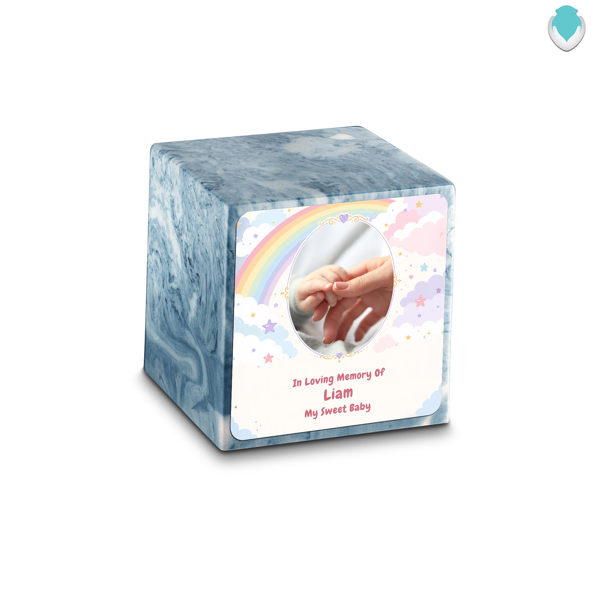 Small Cube Rainbow and Clouds Sky Blue Cultured Marble Child Cremation Urn by MacKenzie