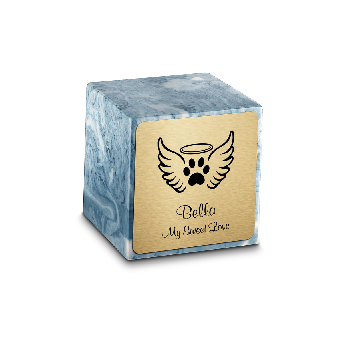 Small Cube Angel Wings Sky Blue Cultured Marble Pet Cremation Urn by MacKenzie