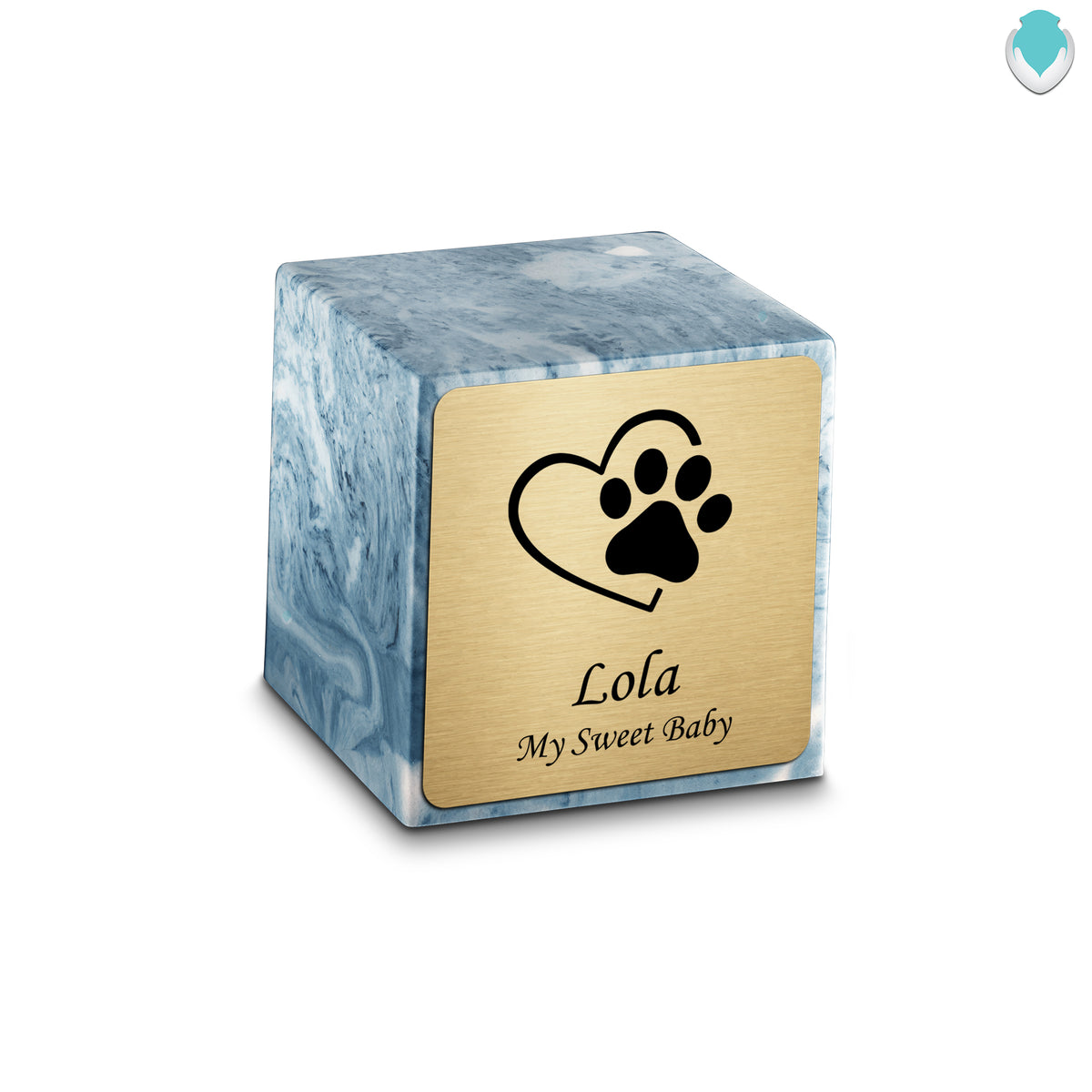 Small Cube Single Heart Paw Sky Blue Cultured Marble Pet Cremation Urn by MacKenzie