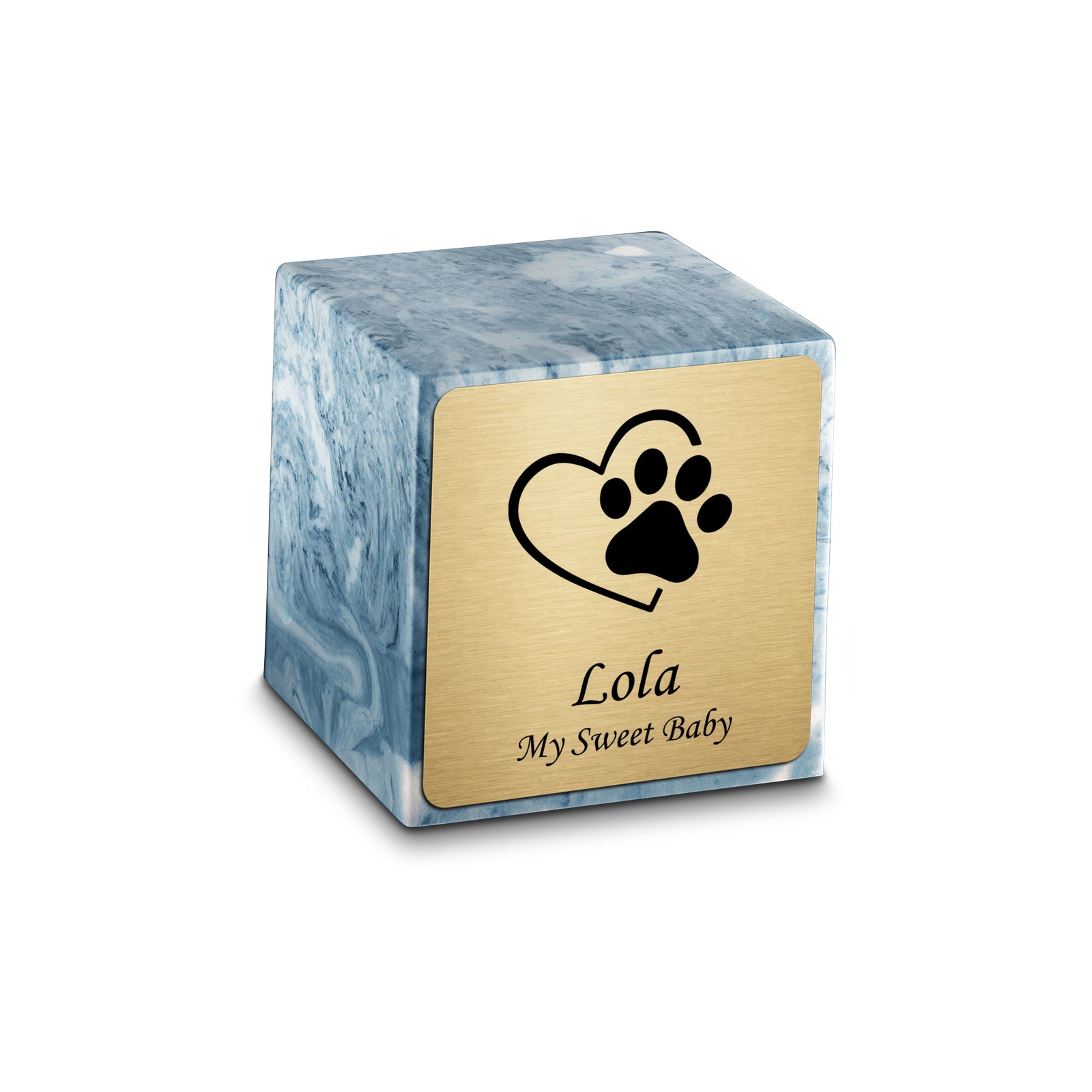 Small Cube Single Heart Paw Sky Blue Cultured Marble Pet Cremation Urn by MacKenzie