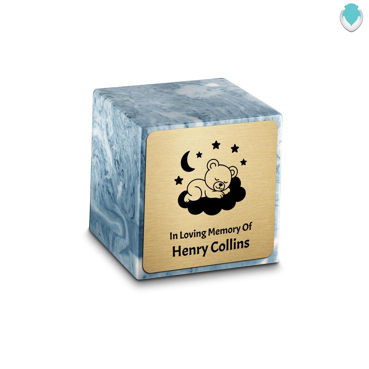 Small Cube Sleeping Teddy Sky Blue Cultured Marble Child Cremation Urn by MacKenzie