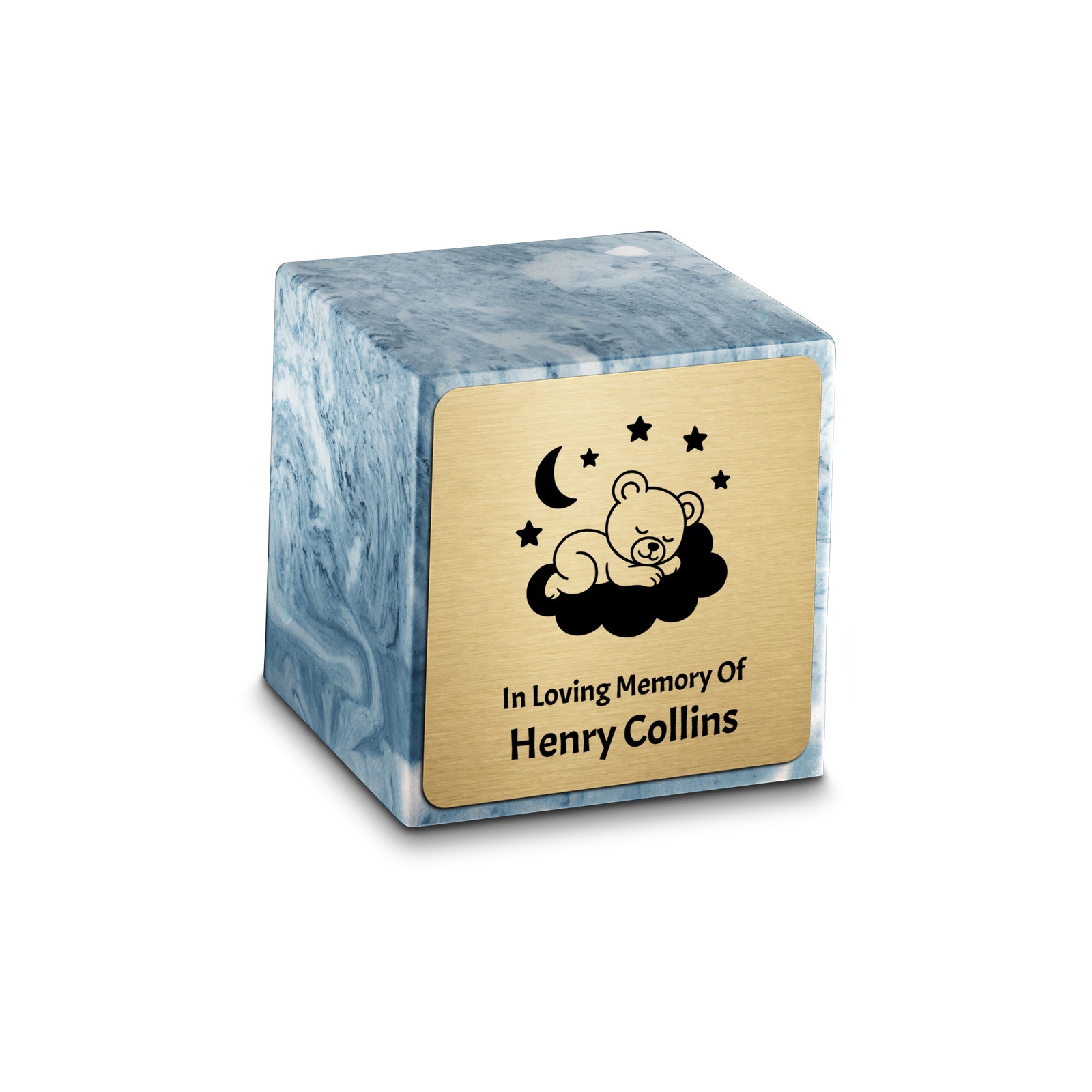 Small Cube Sleeping Teddy Sky Blue Cultured Marble Child Cremation Urn by MacKenzie