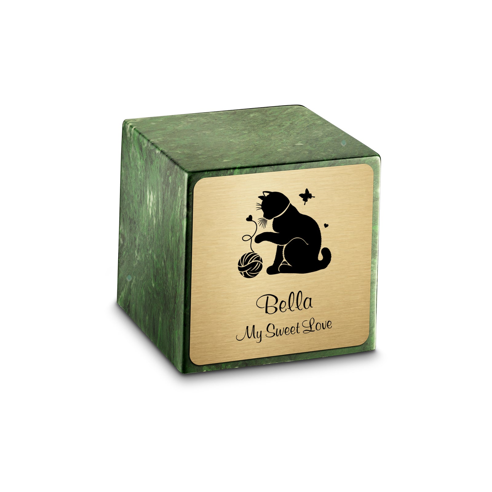 Small Cube Fun Cat Verde Cultured Marble Pet Cremation Urn by MacKenzie