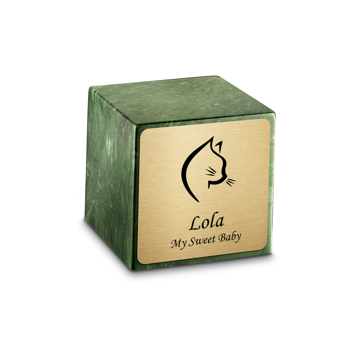 Small Cube Cat Head Verde Cultured Marble Pet Cremation Urn by MacKenzie