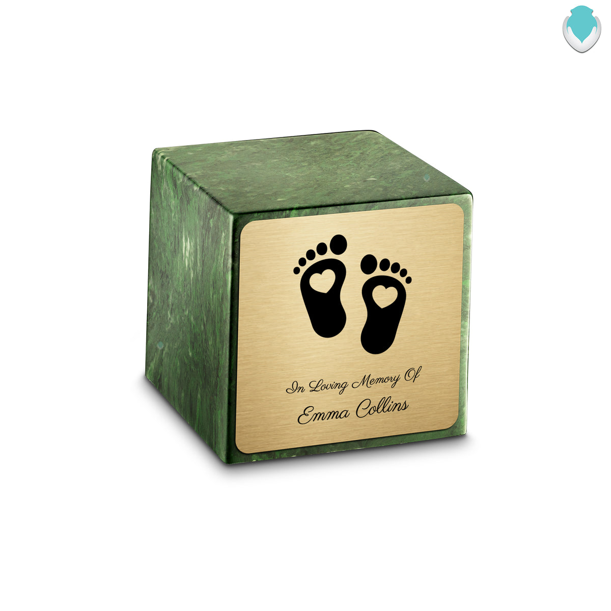 Small Cube Loving Heart Feet Verde Cultured Marble Child Cremation Urn by MacKenzie