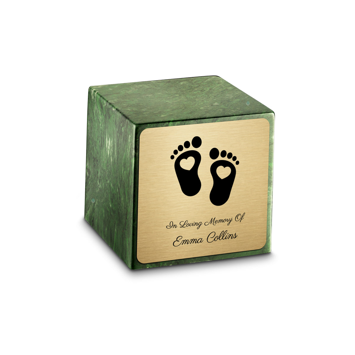 Small Cube Loving Heart Feet Verde Cultured Marble Child Cremation Urn by MacKenzie