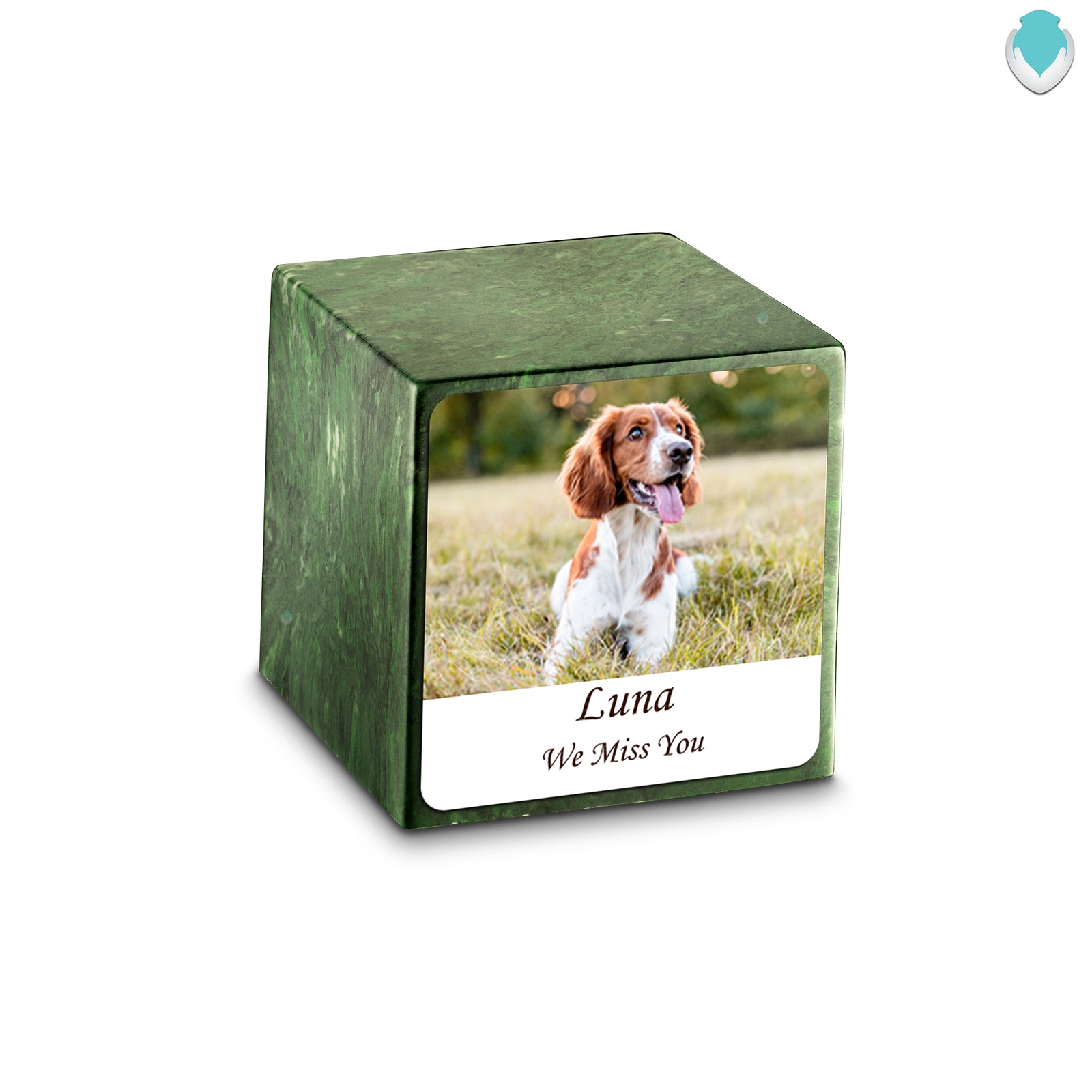 Small Cube Custom Pet Photo Verde Cultured Marble Pet Cremation Urn by MacKenzie