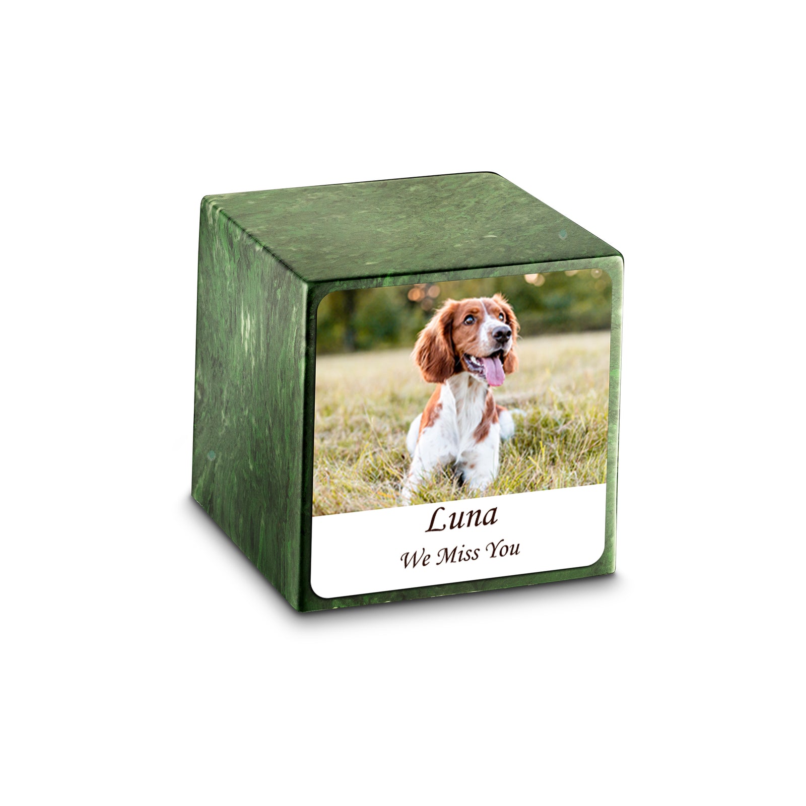 Small Cube Custom Pet Photo Verde Cultured Marble Pet Cremation Urn by MacKenzie