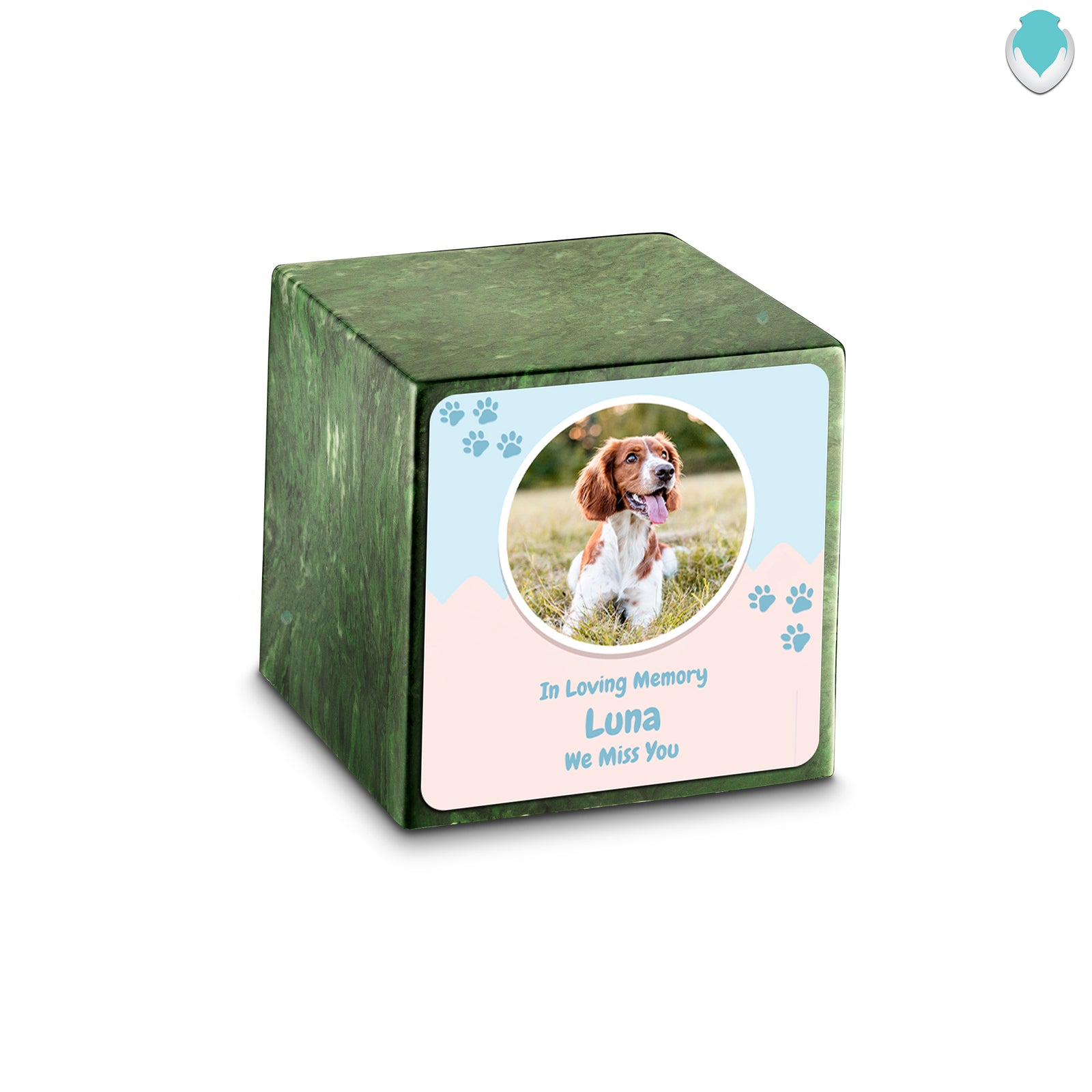 Small Cube Pet Portrait Verde Cultured Marble Pet Cremation Urn by MacKenzie
