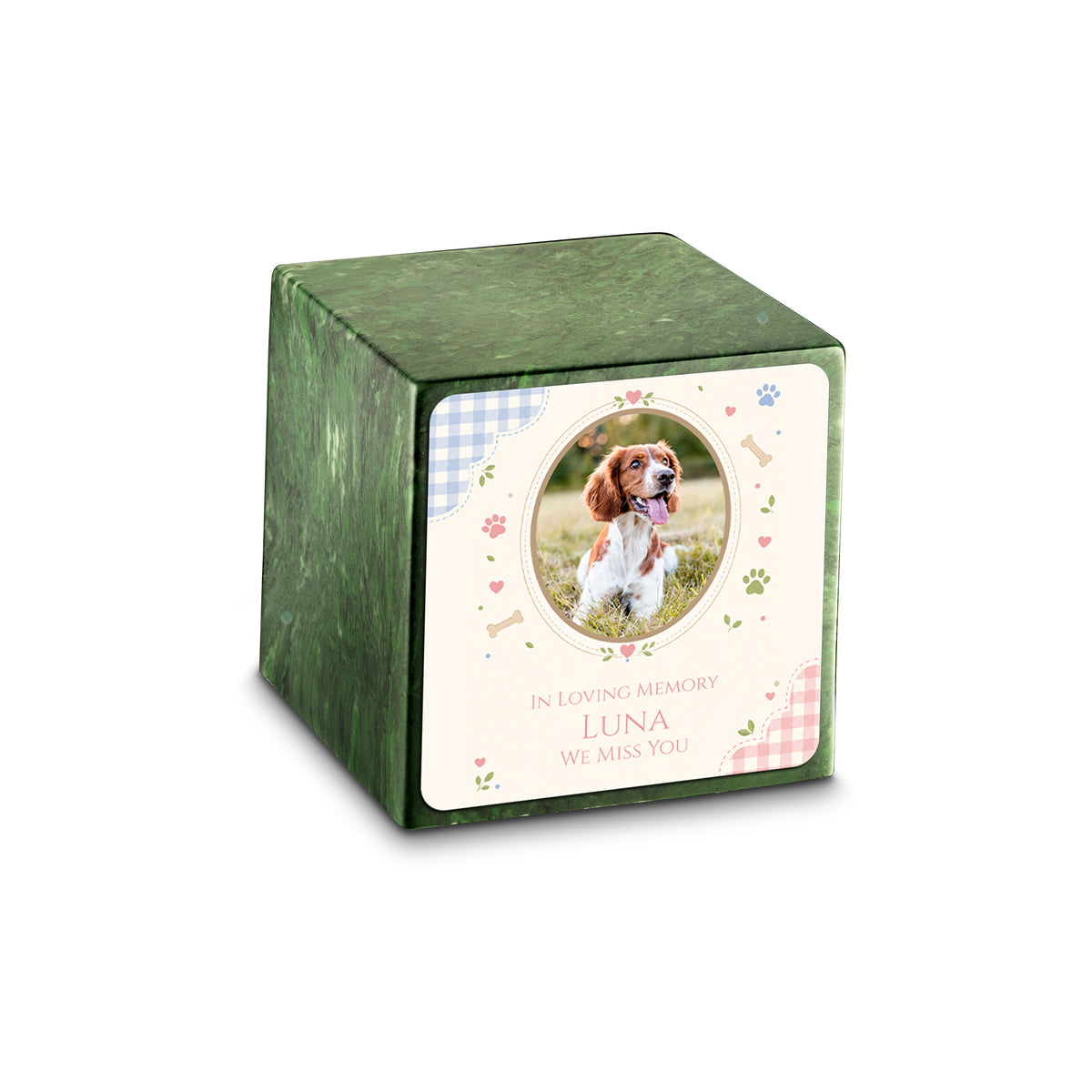 Small Cube Custom Pet Memorial Verde Cultured Marble Pet Cremation Urn by MacKenzie