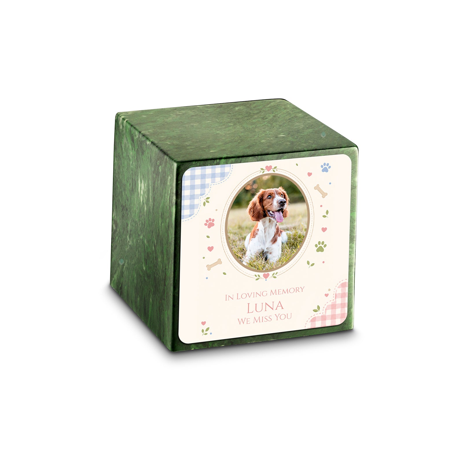 Small Cube Custom Pet Memorial Verde Cultured Marble Pet Cremation Urn by MacKenzie
