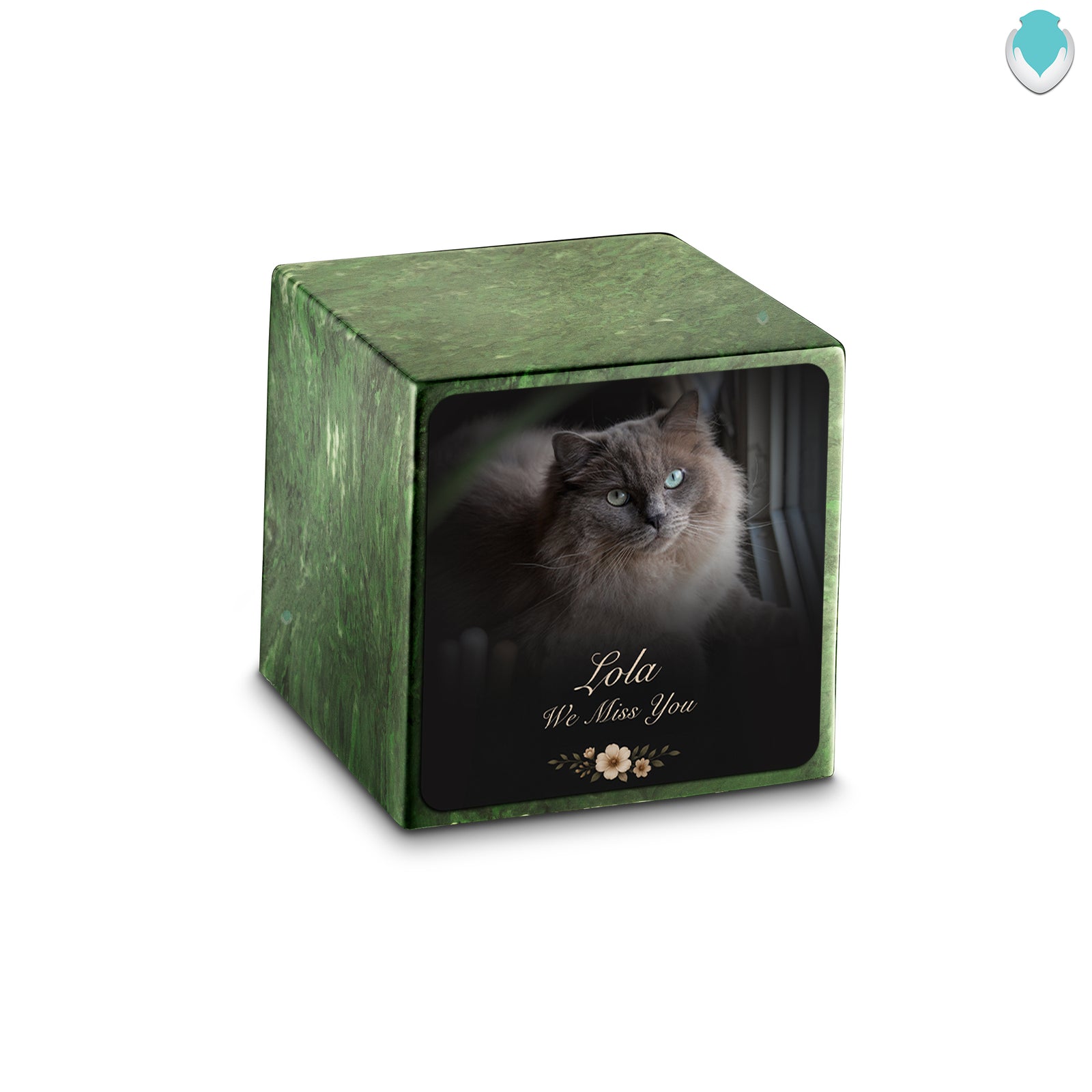 Small Cube Pet Portrait Photo Verde Cultured Marble Pet Cremation Urn by MacKenzie