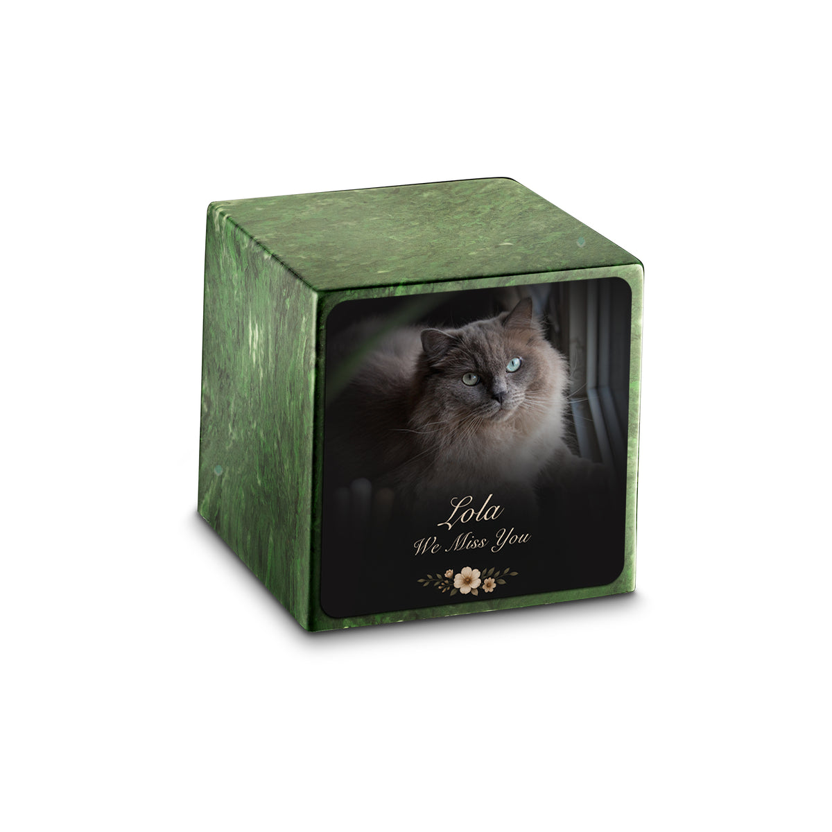Small Cube Pet Portrait Photo Verde Cultured Marble Pet Cremation Urn by MacKenzie