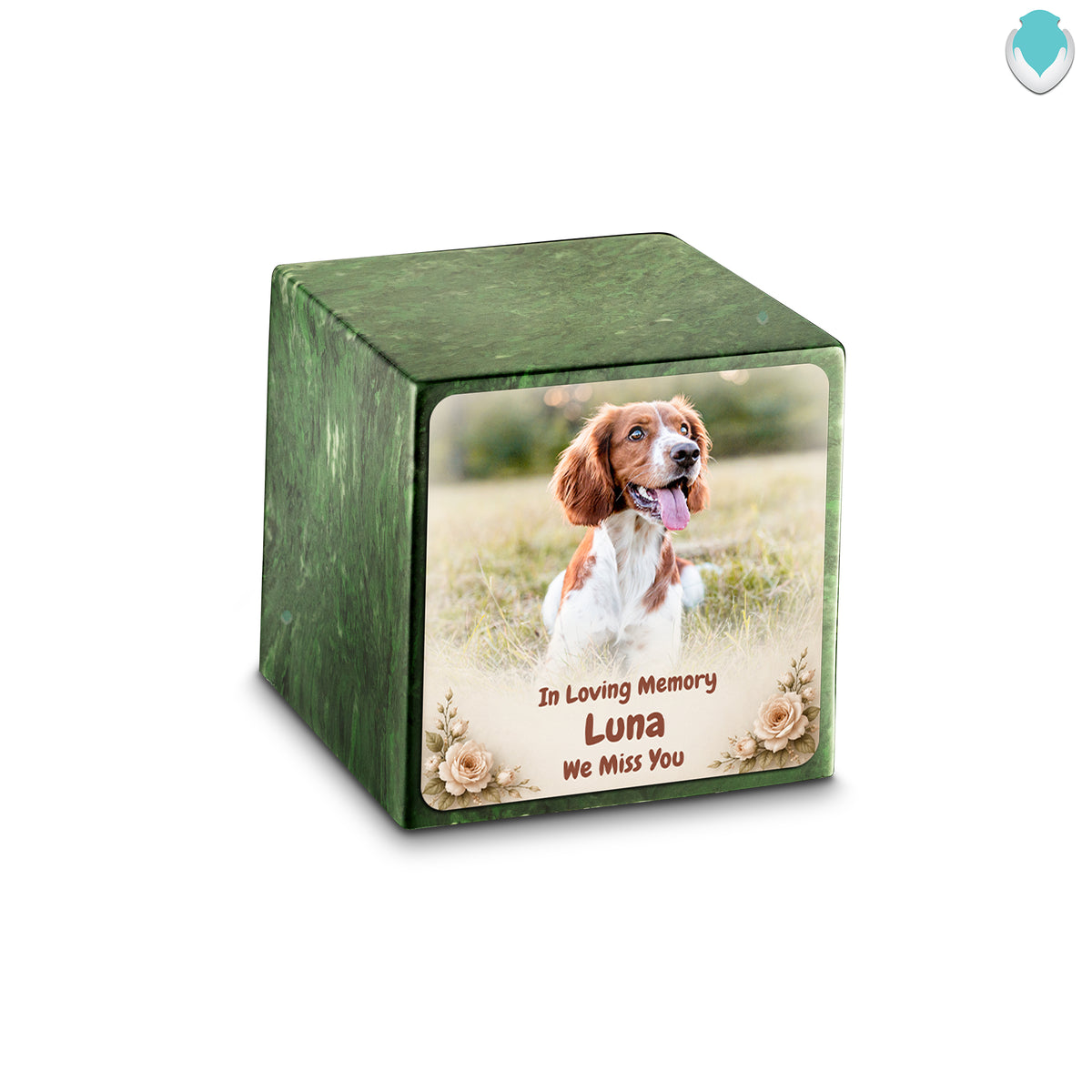 Small Cube Personalized Pet Photo Verde Cultured Marble Pet Cremation Urn by MacKenzie