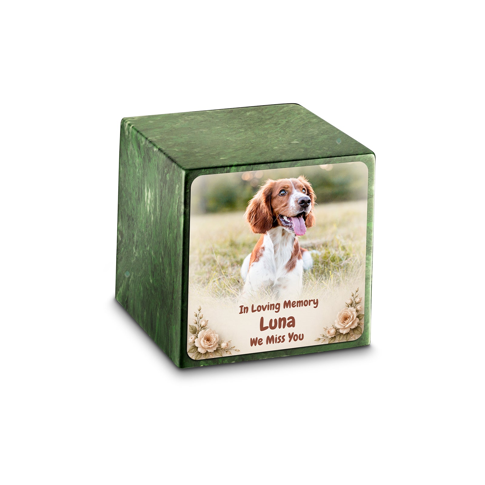 Small Cube Personalized Pet Photo Verde Cultured Marble Pet Cremation Urn by MacKenzie