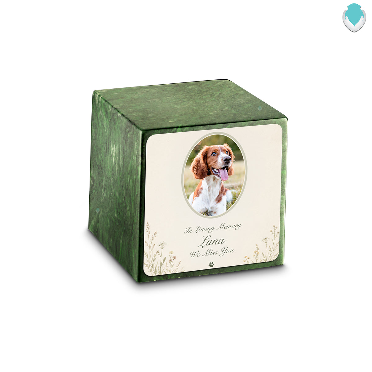 Small Cube Pet Portrait Tribute Verde Cultured Marble Pet Cremation Urn by MacKenzie