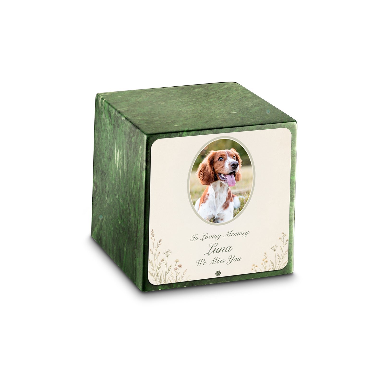 Small Cube Pet Portrait Tribute Verde Cultured Marble Pet Cremation Urn by MacKenzie