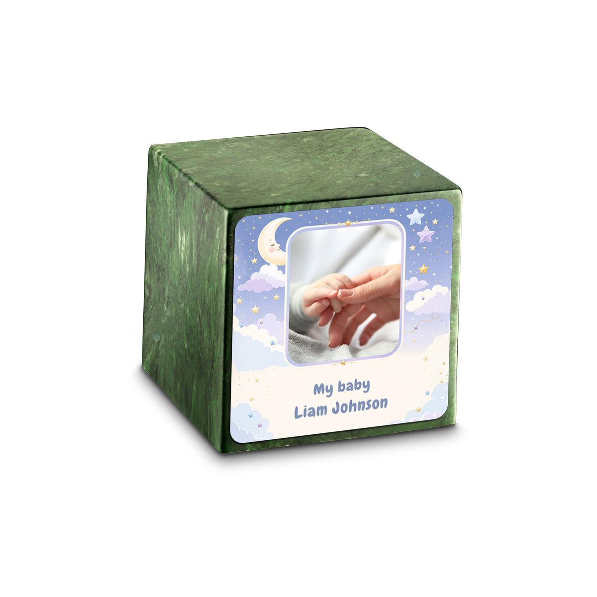 Small Cube Moon and Stars Verde Cultured Marble Child Cremation Urn by MacKenzie