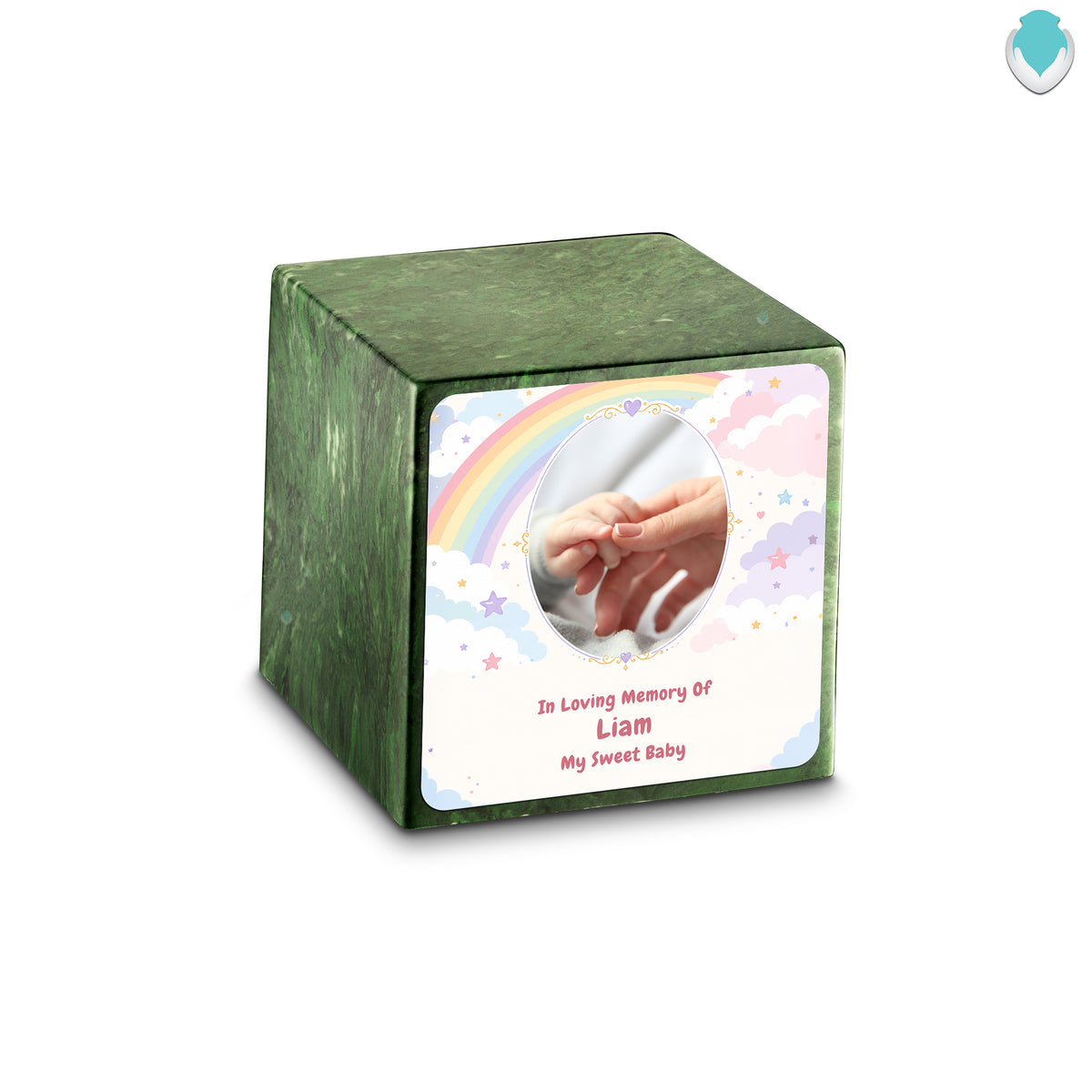 Small Cube Rainbow and Clouds Verde Cultured Marble Child Cremation Urn by MacKenzie