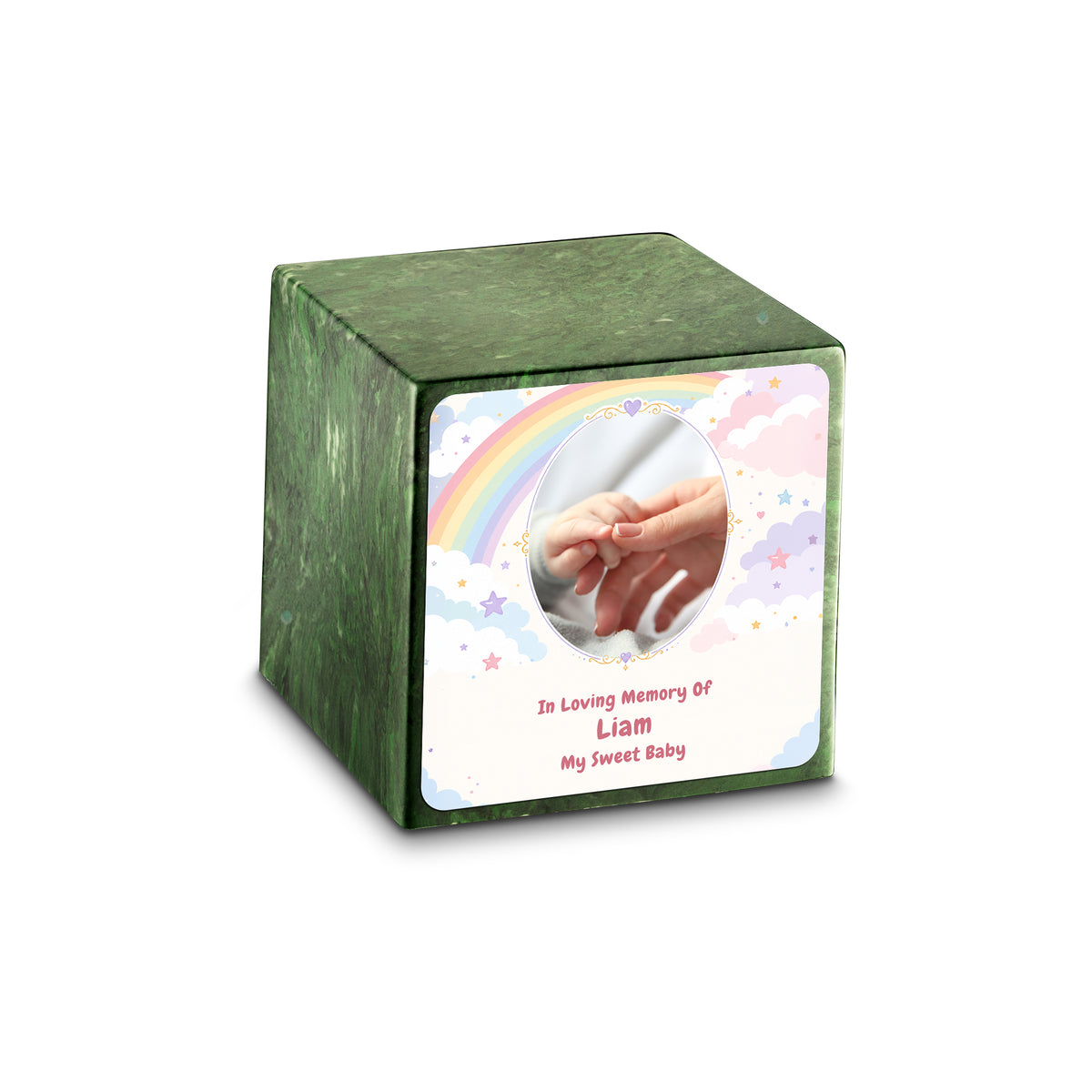 Small Cube Rainbow and Clouds Verde Cultured Marble Child Cremation Urn by MacKenzie