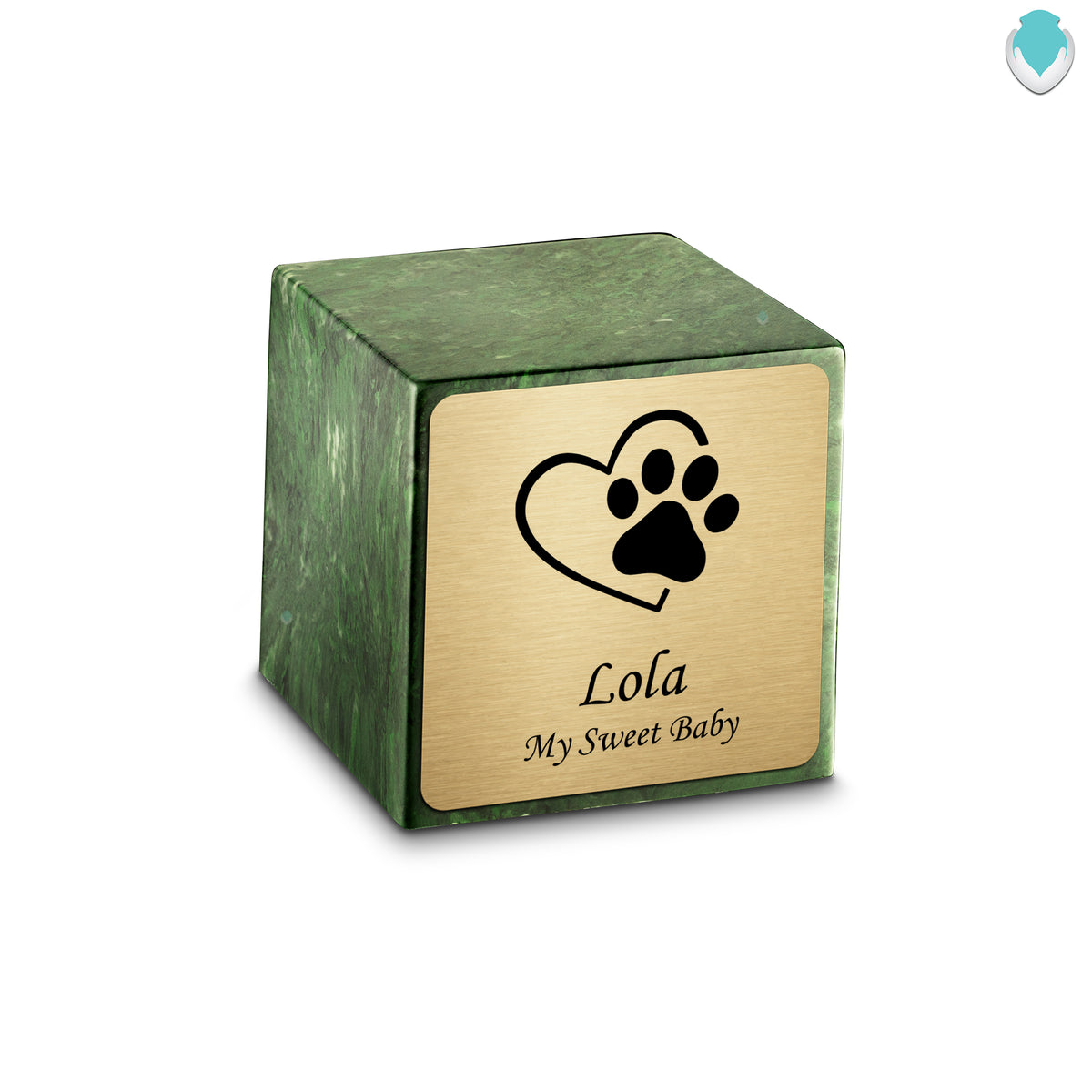 Small Cube Single Heart Paw Verde Cultured Marble Pet Cremation Urn by MacKenzie