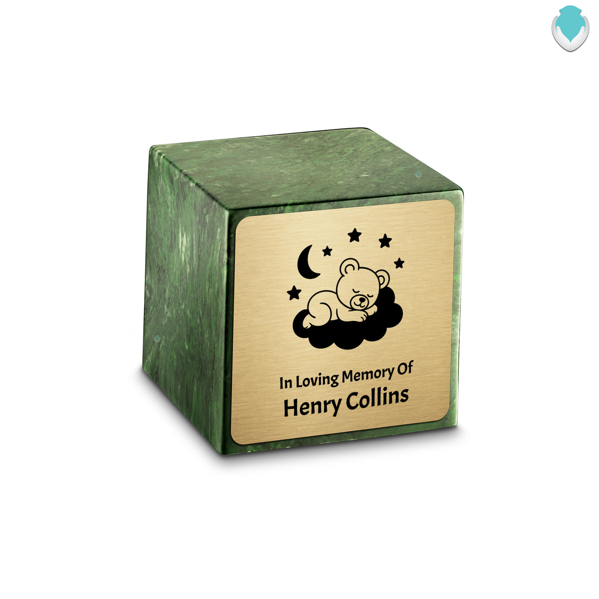 Small Cube Sleeping Teddy Verde Cultured Marble Child Cremation Urn by MacKenzie